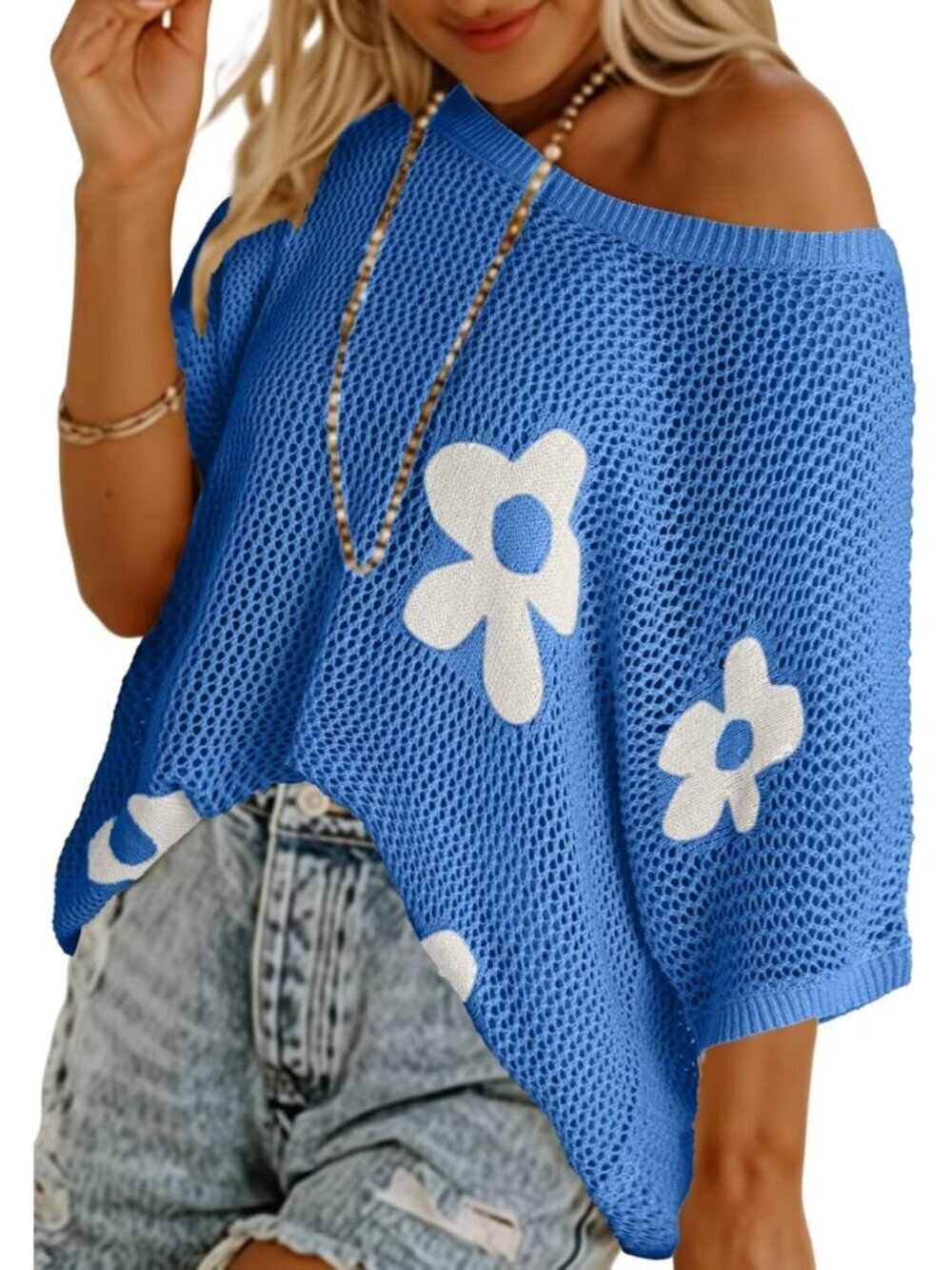 Women's Sky Blue Short Crochet Sweaters Cover Ups Lightweight Knit Pullover Tops